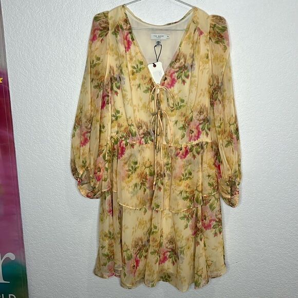 NWT Ted Baker Tamziiy V Neck Tie Front Mini Dress Ted Size 4/ US 12 - Picture 2 of 14